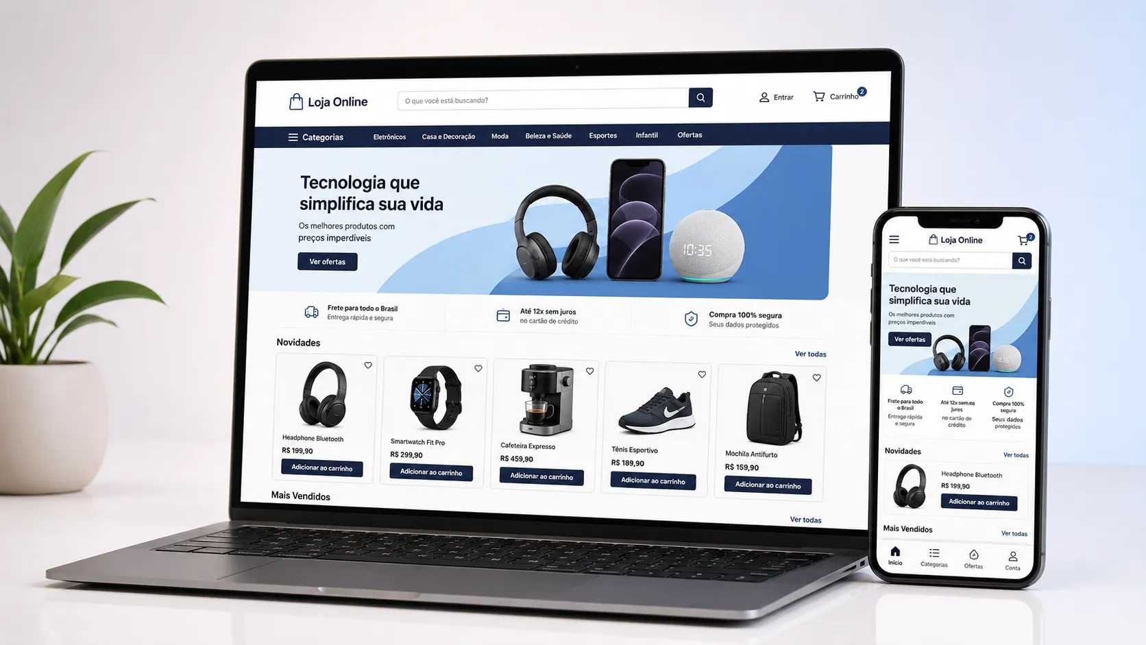 Mockup de loja virtual exibida em tela de smartphone e notebook