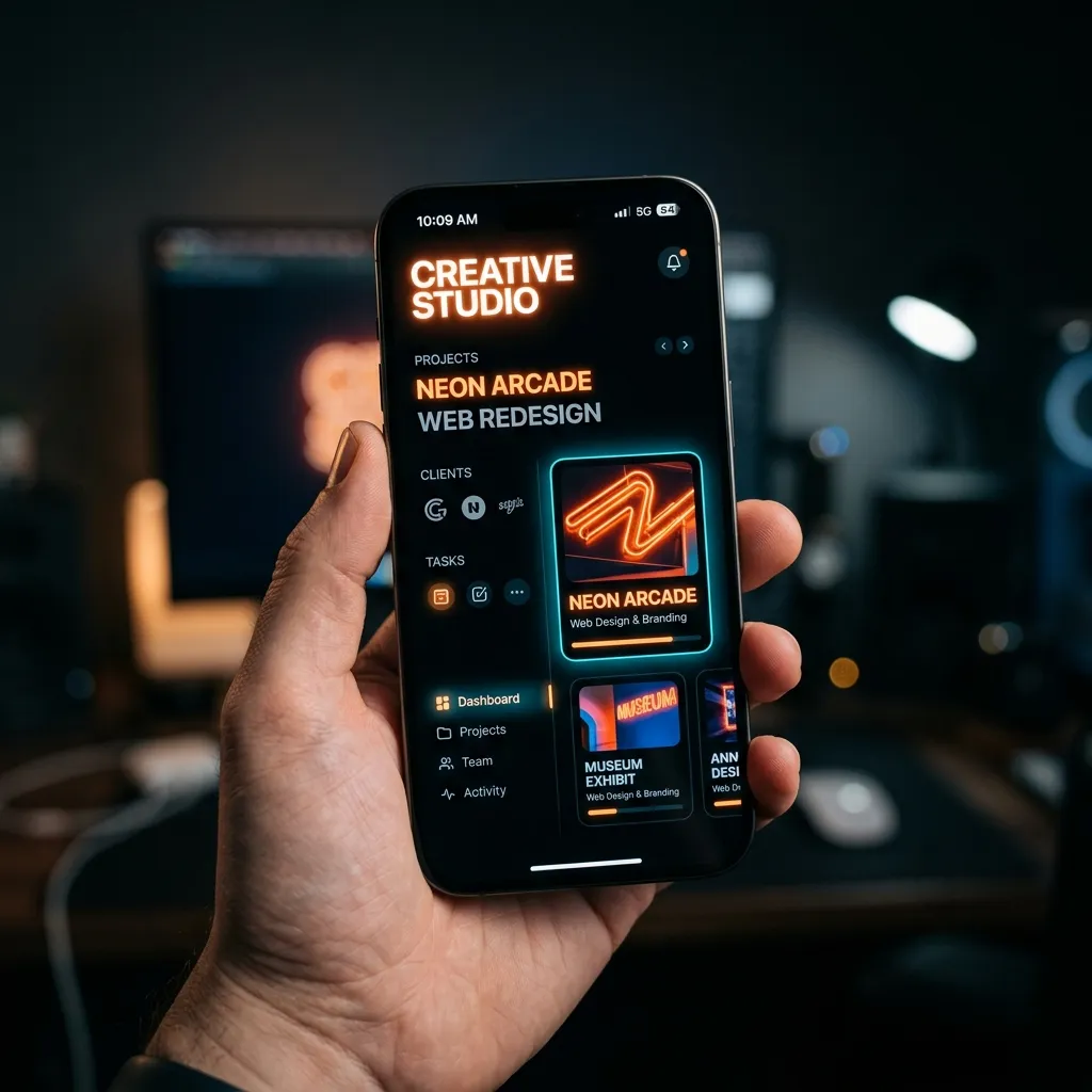 Smartphone exibindo o processo de criação e wireframes de um site